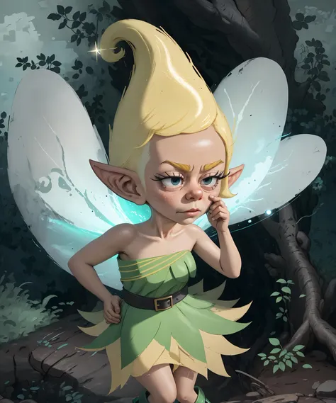 (masterpiece, best quality:1.2), high quality, (2d:1.2), cartoon, <lora:Sagatha-13:0.75>, (thick lineart), black outline, highly detailed, highres, 8k, illustration, ((sagatha)), floating,half-closed eyes, close-up, looking at viewer, (details:1.2), (sagdress, sagwings), motion lines, hand up, sagboots , nature, enchanted forest, scenery, nature, [sparkle:0.3],  cinematic lighting, shadow