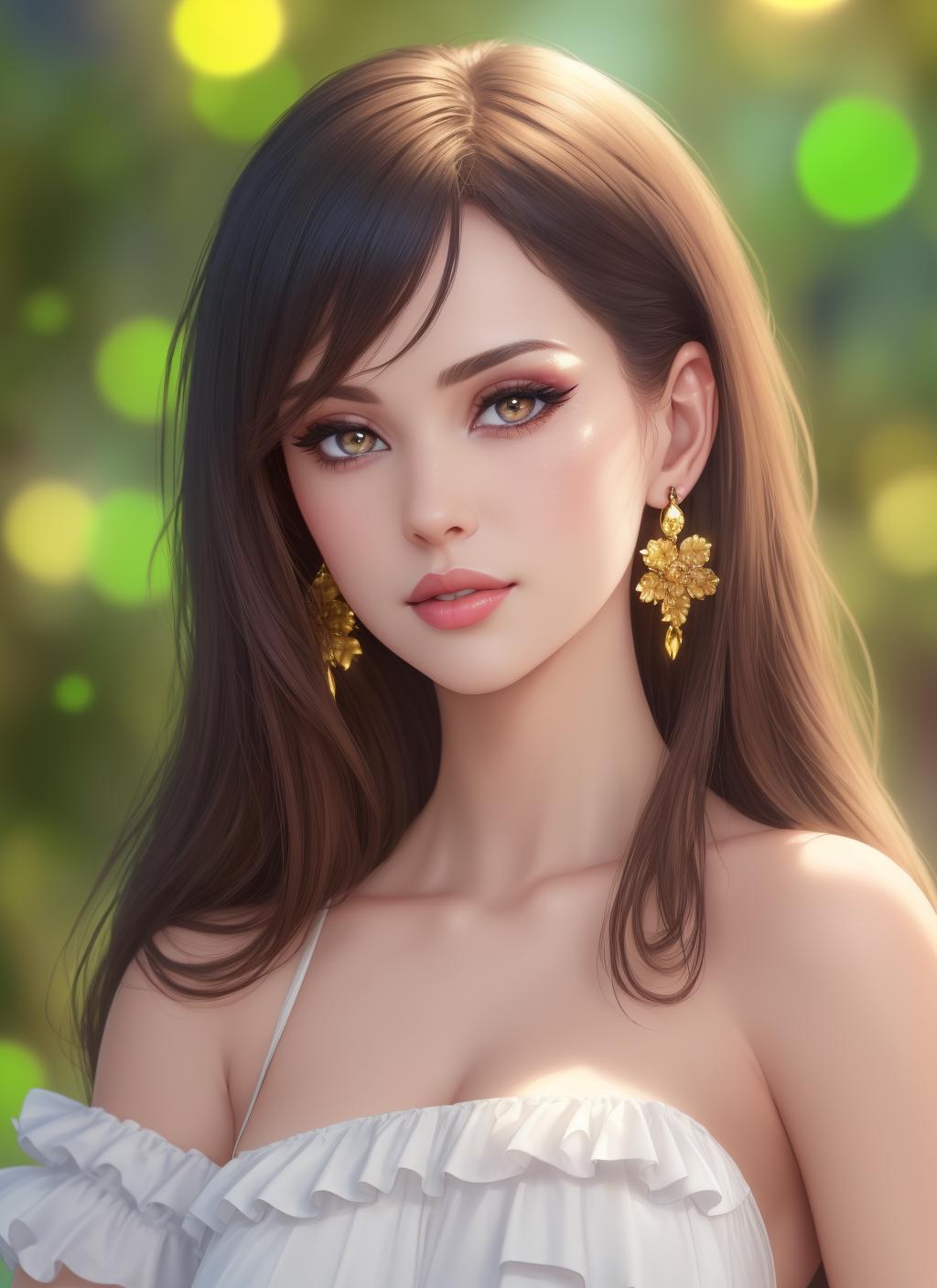 A woman with long hair and earrings in a white dress - SeaArt AI