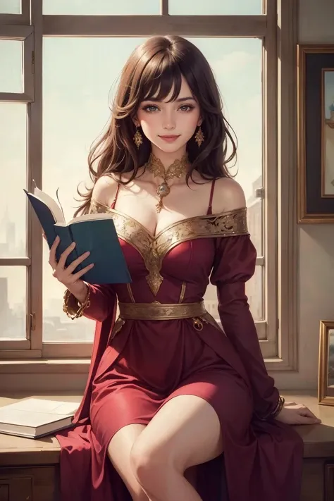 official art, unity 8k wallpaper, ultra detailed, beautiful and aesthetic, masterpiece, best quality, a princess in her room reading a book, fantasy
art by alejandro jodorowsky,
(photographed on a Nikon D850, 50mm lens, F/2.8 aperture),
<lora:midEastDollLikeness:0.85:ins> beautiful m3d_woman, a woman in a maroon dress smiling for a picture, perfect m3d_body, perfact m3d_face,