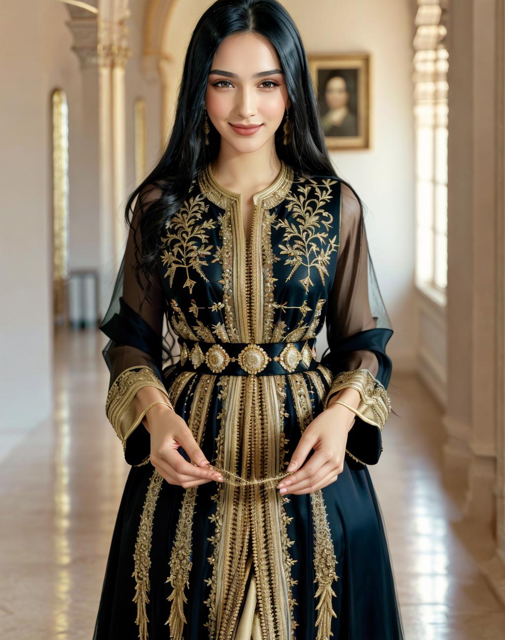 A woman in a black and gold dress standing in a hallway - SeaArt AI