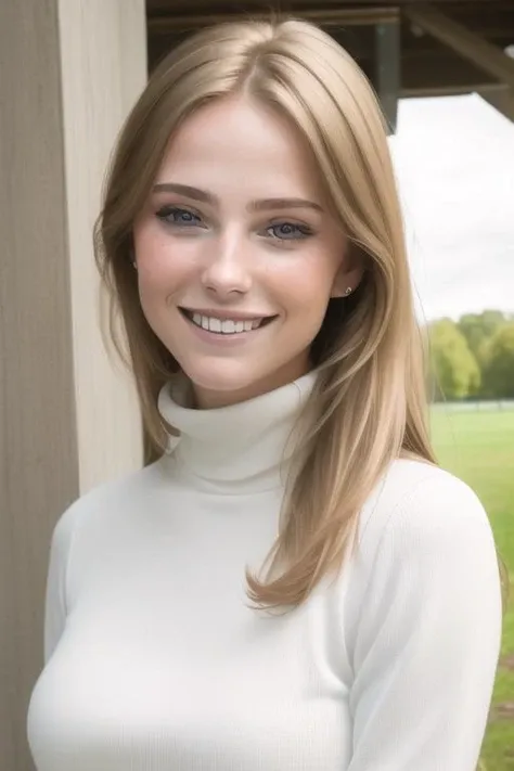 ((Masterpiece, best quality,photography, detailed skin, realistic, photo-realistic, 8k, highly detailed, full length frame, High detail RAW color art, diffused soft lighting, shallow depth of field, sharp focus, hyperrealism, cinematic lighting)),
1girl, 20yo,
beautiful edgSwedish_woman,perfect edgSwedish_face, perfect edgSwedish_body, a woman wearing a turtleneck posing for a picture, smiling,
 <lora:edgSwedishDoll:0.7>, beautiful white dress,
(make up), blush, solo, (large breasts, smile), (looking at viewer), bright, light, sunlight,