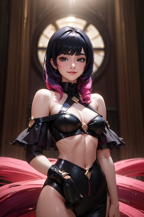 big breasts,1Adult girl, Alone, expressive eyes ((black fur: 1.4, red tips, multicolored bob, choker)), double eyelids, light effect in the eyes, Brown eyes, adult woman, mqmf, (black cap , pleated skirt, fishnet stockings) trustworthy face, sfm, eyebrow piercing, ear piercing, belly button, joke, hanging breasts, ((artwork, 16k, realist, shadow and light on the skin)) make up, dark lipstick, A living room, tattoo on arms, open waist, (Perfect symmetrical body)