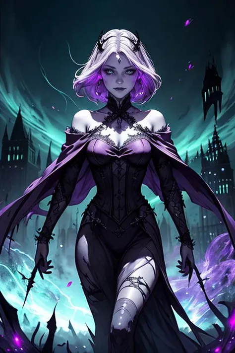 <lora:hld:1.00>, beautiful hld_woman, perfect hld_face, perfect hld_body , portrait, looking down, solo, (full body:0.6), detailed background, detailed face, (gothic dark fantasy theme:1.1) evil wizard, tattered gray magical robes, sinister smirk, purple color scheme, dark green light, library, glowing magical text, dark atmosphere, shadows, realistic lighting, floating particles, sparks, surrounded by green lightning <lora:LightingVFX:0.1>, casting spell, summoning, red arcane symbols, corrupted by eldritch power, power-hungry eyes, bloom,