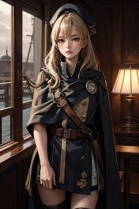 <lora:edgAustralianDoll:0.75>, beautiful blonde edgAus_woman , portrait, solo, half shot, looking down, detailed background, detailed face, (<lora:postapocalypseAI:0.4>, postapoAI, post-apocalyptic theme:1.1), admiral, confident, light brown sailor uniform, elegant cloak, tricorn hat, insignia, on deck of ship, sails, rail, ship's bell, lighthouse in background, stormy, dramatic lighting, strategy, somber atmosphere,