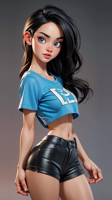 (((Masterpiece))), (Detailed), (Gold eyes), black hair, short, slim body, beautiful, perfect body, blue and white cheerleading outfit, soft body, perfect, medium hair length, bobbed haircut, cute, 18 year old girl, soft wavy hair, realistic, full lips, pink lip gloss
