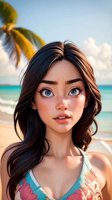 (best quality,4k,8k,highres,masterpiece:1.2),ultra-detailed,realistic, Captured from front, bright colors, vibrant tones, brunette girl, detailed eyes,detailed lips,long eyelashes,sexy,posing confidently,front view, tropical paradise, lush garden, natural pool, blooming flowers, crystal clear water,scenic beauty,sunlight filtering through the trees, tranquil atmosphere,serene ambiance