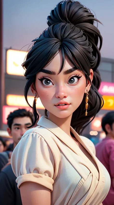 <lora:edgIndonesianDollLikeness:1>, edgindo_body, edgindo_face, edgindo_woman, black eyes, black hair, ponytail, night, crowded street, street market, photo, realistic, hypernaturally, expressive eyes, dimension, art art, bohemian, aesthetic, lineout, high quality, work of art, hyper-detailing., ISO 300,  <lora:p3r3zstyle:0.6>