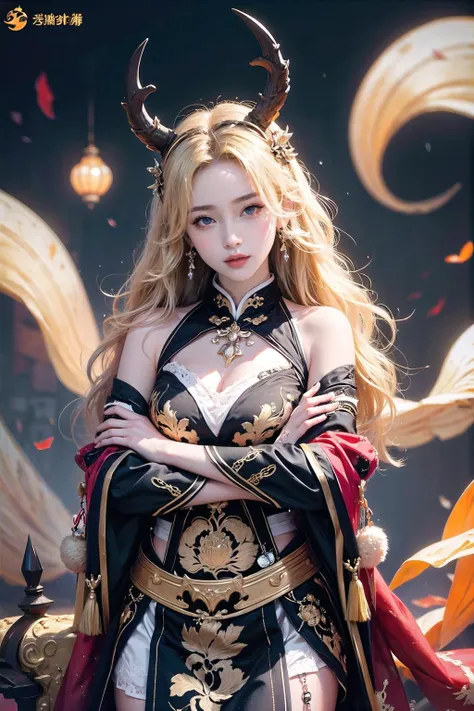 <lora:wrenchmandarincharm:0.7>, wrenchmandarincharm, banner, game splash art, gacha, horns, 1girl, cowboy shot, <lora:edgInfluencerDollLikeness:0.7>, blonde, edgInf_woman, edgInf_face, edgInf_body, crossed arms,