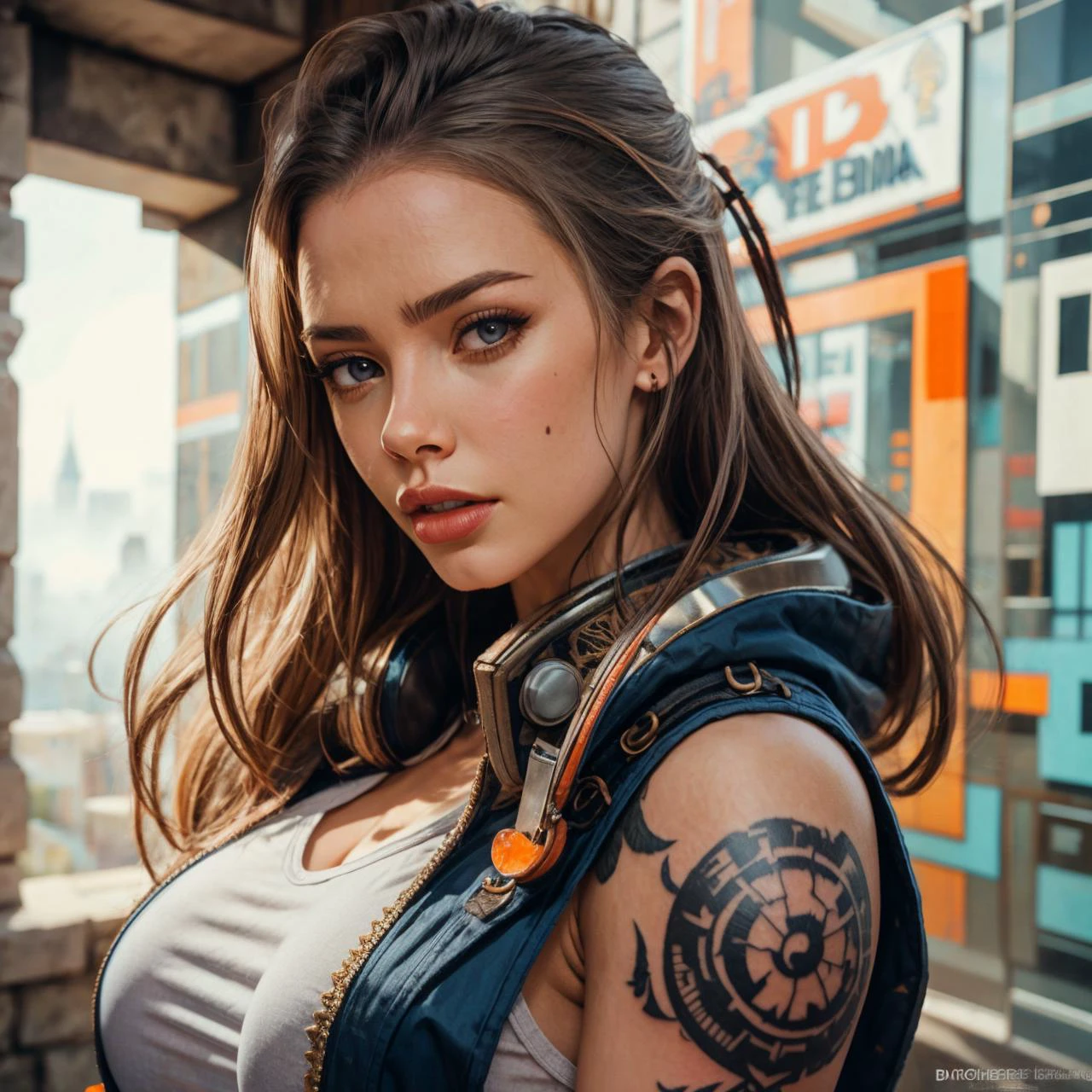 beautiful european woman,beautiful edgArg_woman,beautiful NicoleAnistonQuiron woman,8k RAW professional photo,viking wear,style of warhammer 40k,intricate dress,castle,tattoo,muscle body,neon,fog,real skin,(masterpiece),(extremely intricate:1.3),(realistic),dslr,soft lighting,high quality,film grain,Fujifilm XT3,sharp focus,tattoo,<lora:detail_slider_v4:0.7>,<lora:quiron_NicoleAniston_v1_lora:0.6>,<lora:edgArgentina_Doll_Likeness:0.9>,