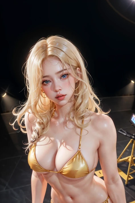 masterpiece, best quality, Very detailed, to the camera, 複雑に詳細なVery detailed, Practical, Distinctive features, Very detailed, Clear focus, Perfect face, Perfect face, Perfect symmetry,perfects eyes, Perfect plump lips, Flexible female form, Movie, lamp, Very detailed, hyper Practical, masterpiece, atmosphere, high resolution, Energetic, 动态工作室lamp光, ((Dark background)), Endure the expression of happiness, Straight bangs, black eyes,Kneel down,Hands on hips、butt、Spread your legs、lie、Supine、Sexually excited expressions、No clothes、((Top quality、8K、masterpiece:1.3)),(((Wearing a silver micro bikini))),Girl with delicate face,Huge breasts, Highest image quality,Ultra-clear,Exquisite and clear facial features
