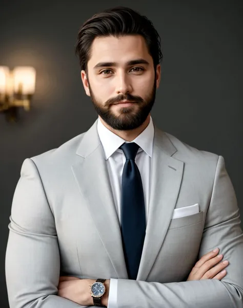 Masterpiece, absurdres,award winning photo, hires, <lora:esd:0.5>, handsome esd_man, a man with a beard in a suit posing for a picture ,perfect esd_face, perfect esd_body