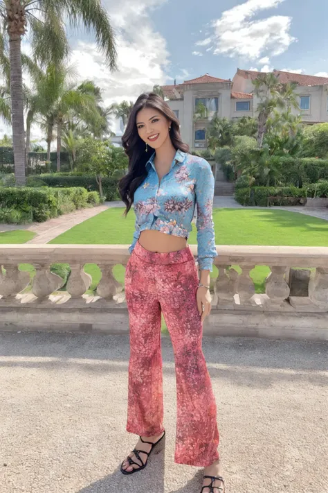 long shot scenic professional photograph of ((Masterpiece, best quality,edgQuality,photorealistic, hyper realistic)),standing,posing for a picture smiling,
edgVenz_woman,edgVenz_face,edgVenz_body,
<lora:edgVenezuelanDollLikenessv1:1>
edgPalazzo_pants, 1girl, solo, skirt, shirt, long sleeves, standing, midriff, shadow, floral print, sandals, wearing edgPalazzo_pants,stylish print
<lora:edgPalazzo_MINI:0.775>, perfect viewpoint, highly detailed, wide-angle lens, hyper realistic, with dramatic sky, polarizing filter, natural lighting, vivid colors, everything in sharp focus, HDR, UHD, 64K