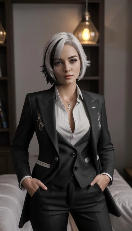 RAW Photo,high detailed,8k,uhd,dslr,soft lightting,HDR,warm light,high quality,wide hips,<lora:edgPuertoRicanDollLikeness:0.2>,edgPR_woman,edgPR_body,<lora:hair_length_slider_v1:1.4>,<lora:arle:0.8>,1girl,solo,white hair,black hair,multicolored hair,x-shaped pupils,black eyes,arle_suit