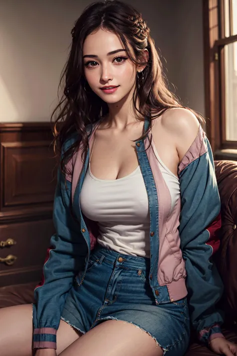absurdres,medium breast, star eye, blush, (realistic:1.5), (masterpiece, Extremely detailed CG unity 8k wallpaper, best quality, highres:1.2), (ultra_detailed, UHD:1.2), (pixiv:1.3), perfect illumination, distinct, (1girl:1.4), beautiful tkd_woman, perfect tkd_face, perfect tkd_body, <lora:Doll_Turkish:0.75>, smiling, excited, a woman wearing a jacket sitting