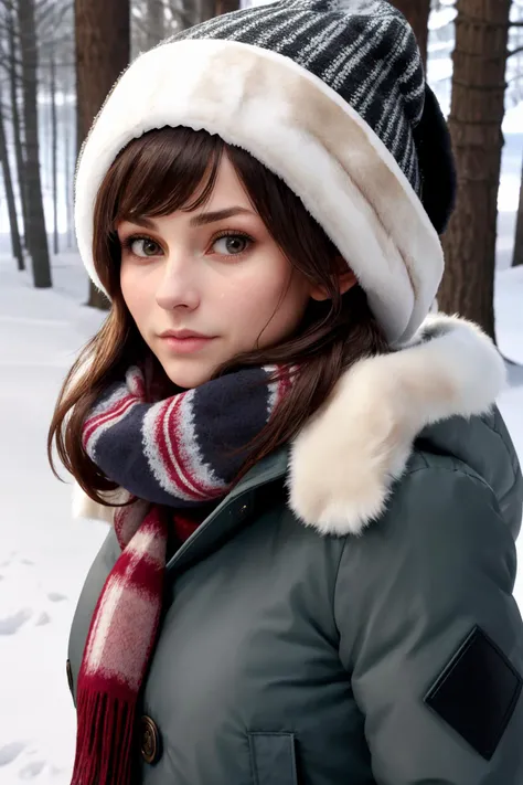 masterpiece, best quality, beautiful edgCN_woman, edgCN_face, edgCN_body <lora:edgCanadian_Doll_Likeness:1> portrait, frozen, winter coat, snow, cold, ice, darkness, dark, scarf, fur trim, touque
