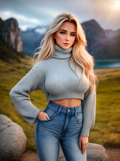 (Masterpiece, absurdres, extremely detailed, amazing, fine detail:1.2), (extremely detailed eyes and face), by lee jeffries nikon d850 film stock photograph 4 kodak portra 400 camera f1.6 lens rich colors hyper realistic lifelike texture dramatic lighting unrealengine trending on artstation cinestill 800 tungsten, beautiful nod_woman, perfect nod_body, perfect nod_face, smiling, happy, make-up, large breasts, a woman with long wind blown blonde hair, wearing a (grey turtleneck sweater), (full length blue jeans), standing (outsidein a rocky field), a fjord in the background, day light, day time,((perfect hands))<lora:nod:0.7><lora:more_details:0.8>