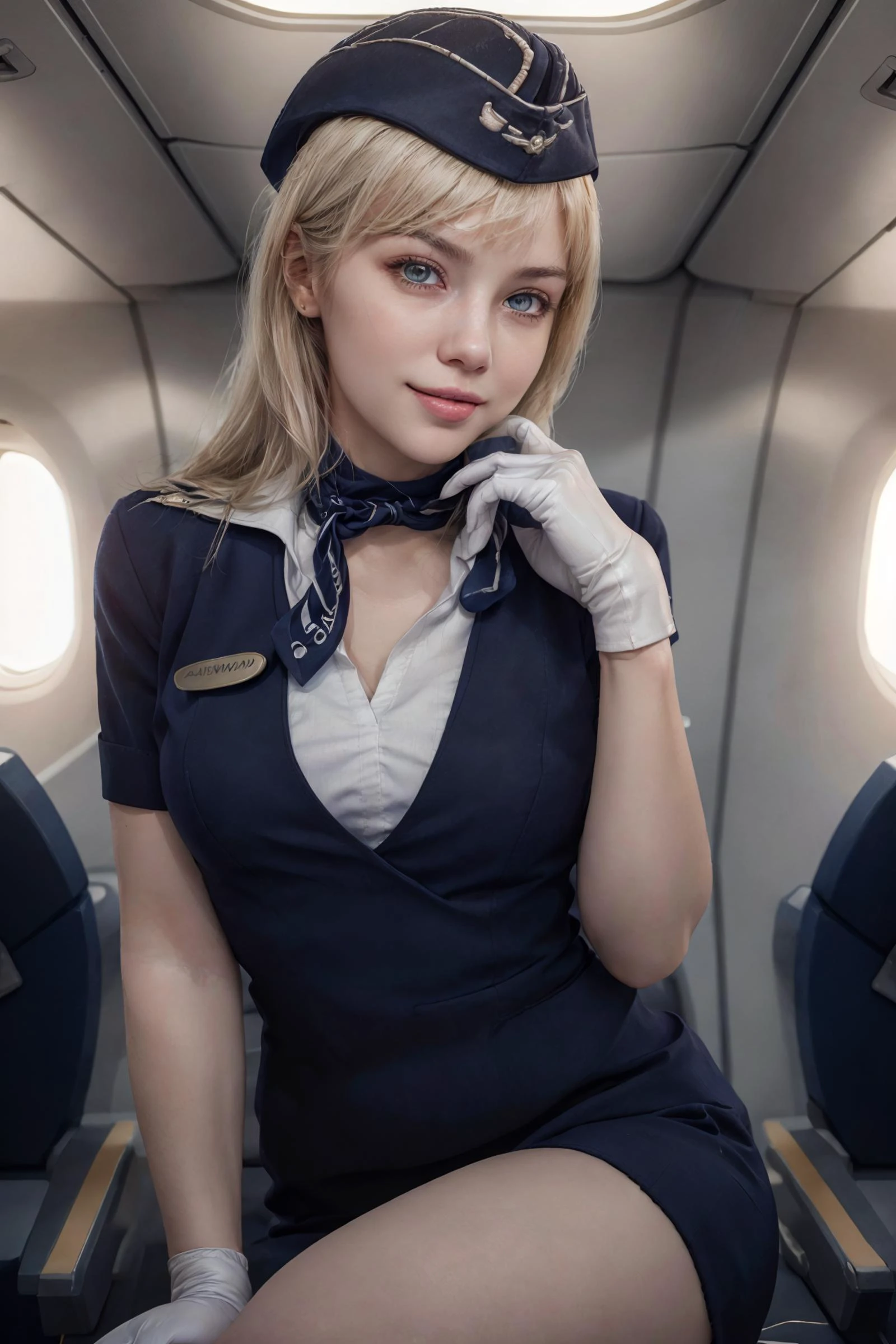 (4k, best quality, highres, absurdres, masterpiece:1.21), (realistic:1.331), detailed and intricate,
cinema light, (authentic skin texture:1.3),
1girl, perfect body, shiny skin, blonde hair, bangs,
light smile,
Stewardess, dark blue uniform, white gloves, garrison cap,
inside an aeroplane interior,
<lora:add_detail:0.3>, <lora:aeroflot_2LYCO:0.8>, <lora:rud:0.7>