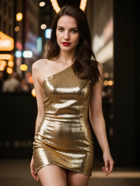 cinematic film still Full body photo of (edgMLD_woman,edgMLD_face,edgMLD_body), sensual smile, red lips, straight hair, wearing one shoulder sequin mini dress, (looking at viewer:1.1), <lora:backlight_slider_v10:1.2>, <lora:epiCRealismHelper:1>, <lora:skin_tone_slider_v1:-1>, empty night club background, 8K, 16k, uhd, dslr, best quality, high quality, realistic, photo-realistic, <lora:edgMoldovanDollLikenessv1:0.9> . shallow depth of field, vignette, highly detailed, high budget, bokeh, cinemascope, moody, epic, gorgeous, film grain, grainy