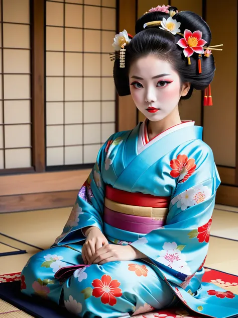 ((Sitting maiko in a tatami room:1.2)), traditional japanese, colorful light blue yukata, floral pattern, flowers hair accessories, pale face, white makeup, note book on the floor,
intricate, highly detailed, light, clear focus, dramatic, elegant, professional, thought, best, warm colors, bright, firm, pleasant, wonderful, pretty, background, colorful, enhanced, inspired, complex, beautiful, attractive, expressive, cute, calm, creative, positive, artistic, loving, confident, relaxed, radiant, iconic, fantastic
<lora:ctd:1>
<lora:add_detail:1>
<lora:more_details:1>