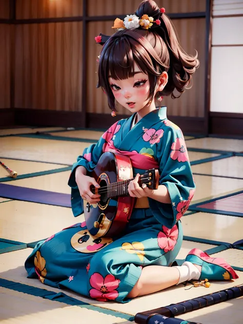 ((Sitting maiko, performs song on a traditional Japanese instrument in a tatami room:1.2)), traditional japanese, colorful light blue yukata, floral pattern, flowers hair accessories, pale face, white makeup, note book on the floor,
intricate, highly detailed, light, clear focus, dramatic, elegant, professional, thought, best, warm colors, bright, firm, pleasant, wonderful, pretty, background, colorful, enhanced, inspired, complex, beautiful, attractive, expressive, cute, calm, creative, positive, artistic, loving, confident, relaxed, radiant, iconic, fantastic
<lora:ctd:1>