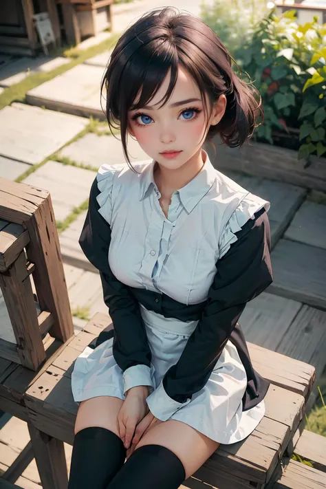 (ultra realistic,32k, masterpiece:1.2),(high detailed skin:1.1),( high quality:1.1),
detailed hair,
intricate detail,
(detailed realistic background:1.3),
realistic lighting,
[cinematic lighting|sunset lighting],
masterpiece,
high quality,
32k,
hyperrealism,
soothing tones,
muted colors,
high contrast,
soft light,
sharp,
artistic photoshoot,
<lora:lora_perfecteyes_v1_from_v1_160:0.8> , perfecteyes eyes,
senior,cute,slender,european, eyes,pale cheeks,square face shape with angular jaw,natural "no-makeup" makeup,detailed hair,small breasts,white thighhighs,(looking at viewer, sitting,side-saddle, from above:1.5),
Chinese Maid (Early 21st Century): 1girl with straight black hair, dark eyes, fair skin, petite, wearing a modest and practical (maid uniform1.2), usually a blouse and skirt or trousers, typically in subdued colors like blue or grey, (stockings:1.1).,
honey blonde cascading ponytail,
Visit the picturesque village of Shirakawa-go, a UNESCO World Heritage Site, known for its traditional gassho-zukuri farmhouses with steep thatched roofs, offering a glimpse into rural Japanese life  
<lora:petite_doll:0.8> beautiful petite_doll, perfect petite_doll face, perfect petite_doll body