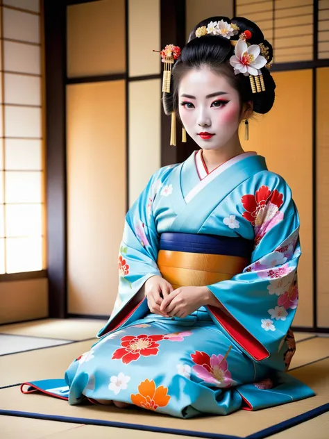 ((Sitting maiko, performs song on a traditional Japanese instrument in a tatami room:1.2)), traditional japanese, colorful light blue yukata, floral pattern, flowers hair accessories, pale face, white makeup, note book on the floor,
intricate, highly detailed, light, clear focus, dramatic, elegant, professional, thought, best, warm colors, bright, firm, pleasant, wonderful, pretty, background, colorful, enhanced, inspired, complex, beautiful, attractive, expressive, cute, calm, creative, positive, artistic, loving, confident, relaxed, radiant, iconic, fantastic
<lora:ctd:1>
<lora:add_detail:1>
<lora:more_details:1>