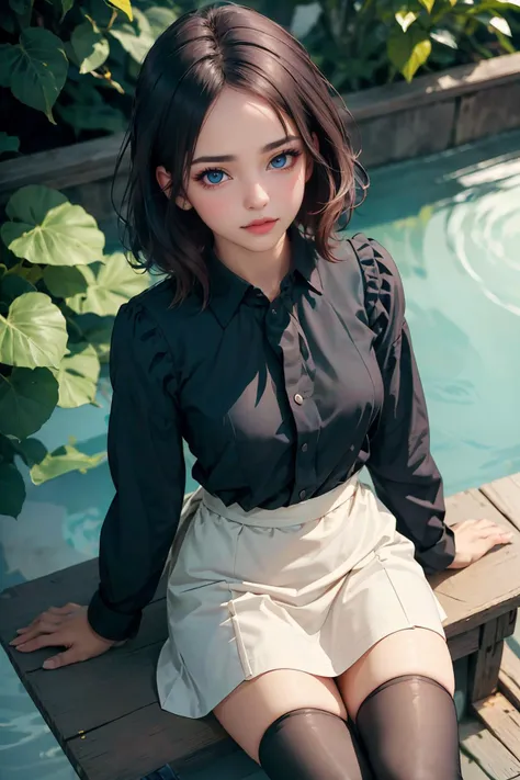 (ultra realistic,32k, masterpiece:1.2),(high detailed skin:1.1),( high quality:1.1),
detailed hair,
intricate detail,
(detailed realistic background:1.3),
realistic lighting,
[cinematic lighting|sunset lighting],
masterpiece,
high quality,
32k,
hyperrealism,
soothing tones,
muted colors,
high contrast,
soft light,
sharp,
artistic photoshoot,
<lora:lora_perfecteyes_v1_from_v1_160:0.8> , perfecteyes eyes,
senior,cute,slender,european, eyes,pale cheeks,square face shape with angular jaw,natural "no-makeup" makeup,detailed hair,small breasts,black thighhighs,(looking at viewer, sitting,side-saddle, from above:1.5),
South African Maid (Late 20th Century): 1girl with tightly coiled hair, dark eyes, dark skin, curvy, wearing practical clothing, often a simple blouse and skirt, generally in solid colors, with an apron for cleaning tasks, (stockings:1.1).,
blue-black flowy waves hair,
Step into the enchanting world of Katsura Imperial Villa in Kyoto, a masterpiece of Japanese architecture and garden design, with its meticulously crafted tea houses, ponds, and lush greenery  
<lora:petite_doll:0.8> beautiful petite_doll, perfect petite_doll face, perfect petite_doll body