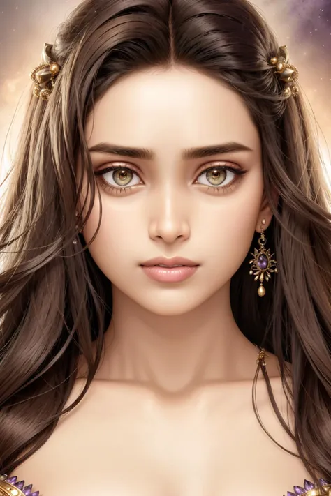 a  portrait of a ginormous [goddess|enchantress]  , crisp quality , beautiful ind_woman, perfect ind_face, perfect ind_body, <lora:ind:0.80>,  perfect face, pretty face, amethyst eyes, ash brown hair, very long hair, medium breasts, lush detail, absurdres,