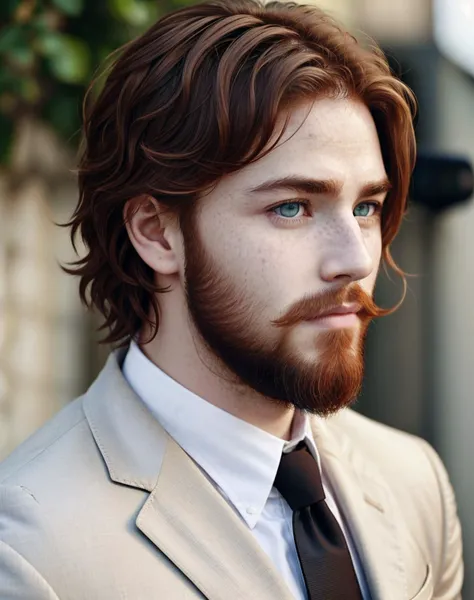 Masterpiece, absurdres,award winning photo, hires<lora:hld:1>, handsome hld_man, a man with short red hair and a green eyes,beard, freckles ,wearing a suit, perfect hld_face, perfect hld_body