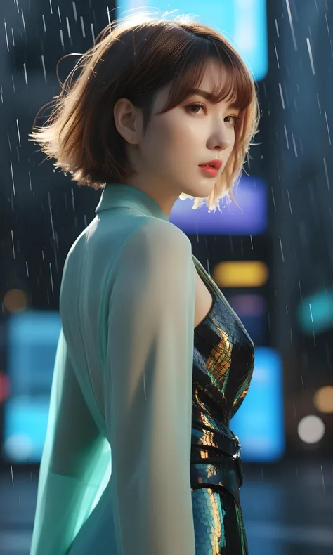 realism,(ultra realistic:1.3),(best quality:1.3),(hyper detailed:1.1),(high quality:1.1),masterpiece,<lora:detail_slider_v4:1>,1girl beautiful,(brown hair:1.2),(sparkling eyes:1.1),extremely delicate facial depiction,(short hair:1.1),choppy hair,straight-hair,city lights,(bangs:1.1),exaggerated perspective,androgyny,dramatic lighting,strong tones,(profile:1.1),thick eyelashes,(sheer fabrics:1.3),(parted lips:1.1),small breasts,(thigh-high boots:1.4),cyan teal cream green beige yellow blue white,(cowboy shot:1.4),sea-green eyes,soft,(standing in the rain:1.1),(wide-angle shot:1.3),<lora:edgLatvianDollLikeness1:1>,<lora:add_detail:1>,