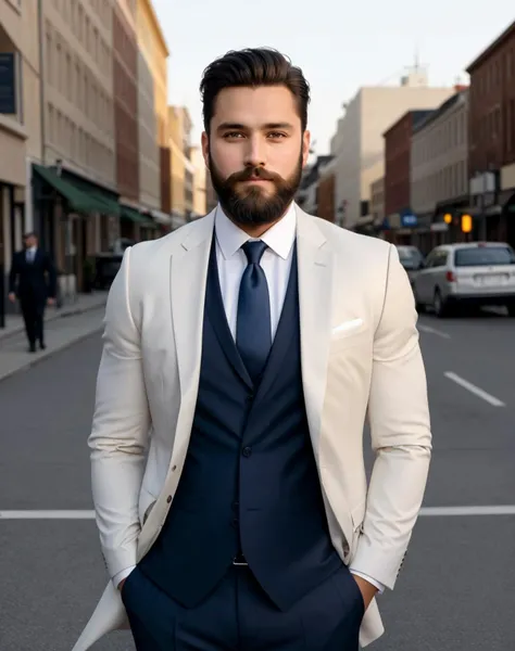 Masterpiece, absurdres,award winning photo, hires, <lora:esd:0.5>, handsome esd_man, a man with a beard in a suit posing for a picture ,perfect esd_face, perfect esd_body