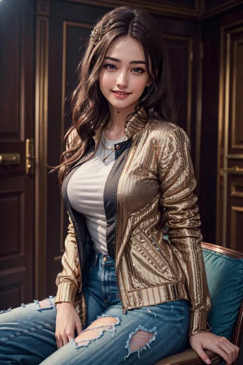 absurdres,medium breast, star eye, blush, (realistic:1.5), (masterpiece, Extremely detailed CG unity 8k wallpaper, best quality, highres:1.2), (ultra_detailed, UHD:1.2), (pixiv:1.3), perfect illumination, distinct, (1girl:1.4), beautiful tkd_woman, perfect tkd_face, perfect tkd_body, <lora:Doll_Turkish:0.75>, smiling, excited, a woman wearing a jacket sitting