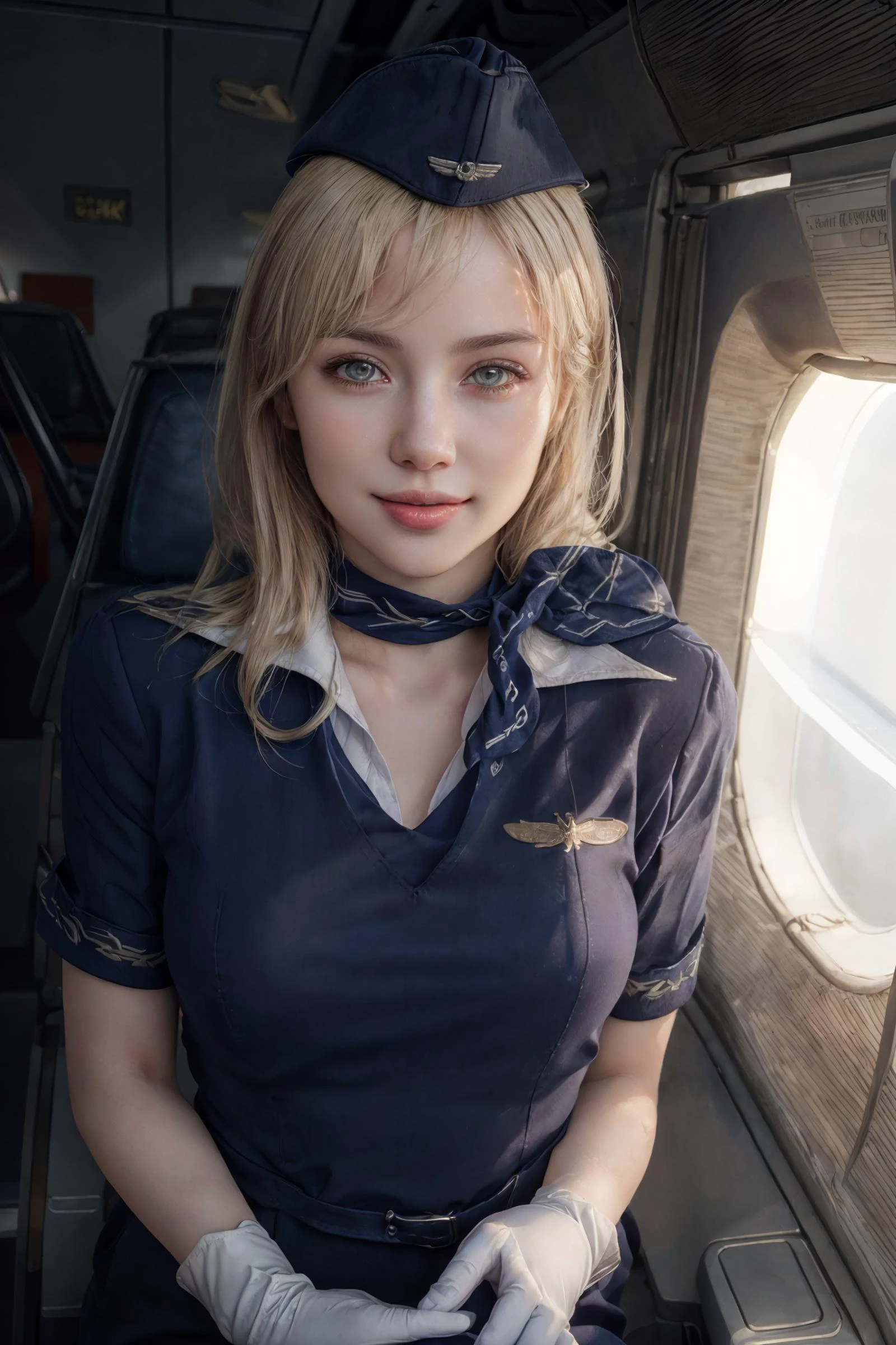 (4k, best quality, highres, absurdres, masterpiece:1.21), (realistic:1.331), detailed and intricate,
cinema light, (authentic skin texture:1.3),
1girl, perfect body, shiny skin, blonde hair, bangs,
light smile,
Stewardess, dark blue uniform, white gloves, garrison cap,
inside an aeroplane interior,
<lora:add_detail:0.3>, <lora:aeroflot_2LYCO:0.8>, <lora:rud:0.7>