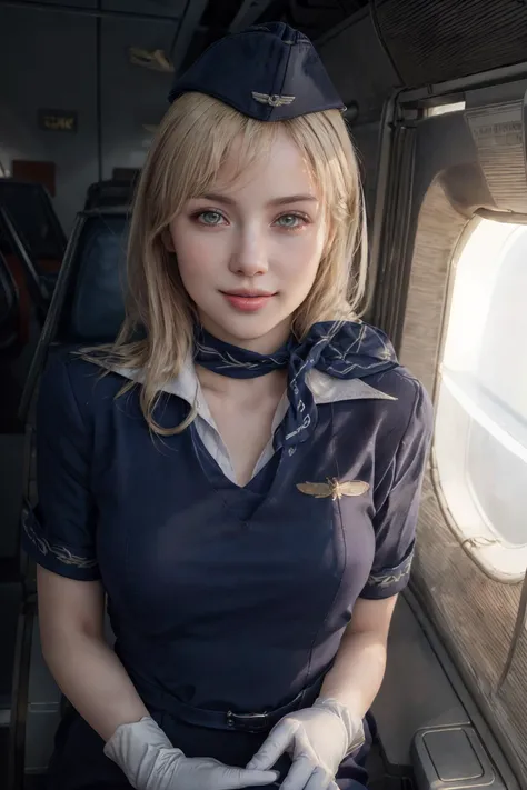 (4k, best quality, highres, absurdres, masterpiece:1.21), (realistic:1.331), detailed and intricate, 
cinema light, (authentic skin texture:1.3), 
1girl, perfect body, shiny skin, blonde hair, bangs, 
light smile, 
Stewardess, dark blue uniform, white gloves, garrison cap, 
inside an aeroplane interior, 
<lora:add_detail:0.3>, <lora:aeroflot_2LYCO:0.8>, <lora:rud:0.7>