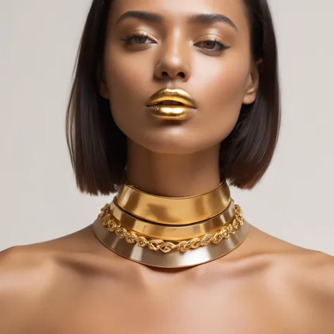 <lora:Choker-FFashion-Part1-32.LORA:1> a woman wearing a gold choker, gold collar, wearing gold detailed choker, gold choker, gold detailed collar, golden collar, choker on neck, gold glow, wearing steel collar, wearing choker, wearing collar on neck, collar on neck, attractive neck, choker, smooth gold skin, draped in shiny golden oil, choker around neck, smooth golden skin