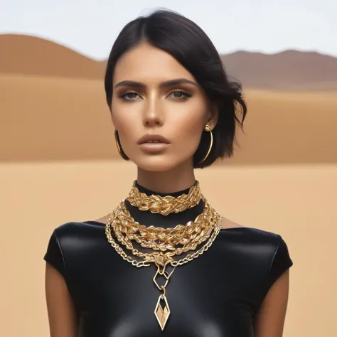 a woman in a black leather top and necklace in the desert, gold choker, wearing gold detailed choker, choker around neck, gold collar, wearing choker, choker on neck, choker, golden collar, wearing black choker, inspired by Hedi Xandt, black leather choker, attractive neck, high  end fashion photoshoot, olivia culpo, golden necklace
