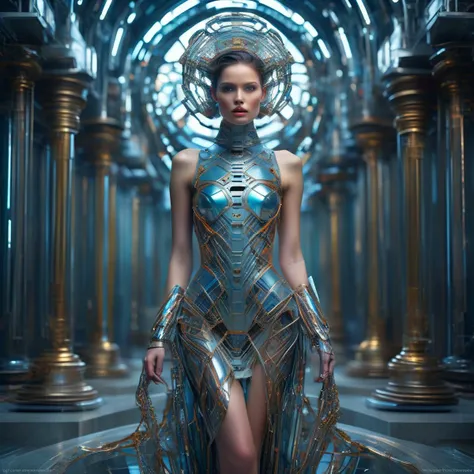 Full body cyber girl with a ponytail. Ariana Grande's face. against a breathtaking celestial catastrophic image of a tornado of desperate souls who tearing apart the (Pantheon holy temple of Zeus in heaven), the colossal storm, in motion, soft acid blue light