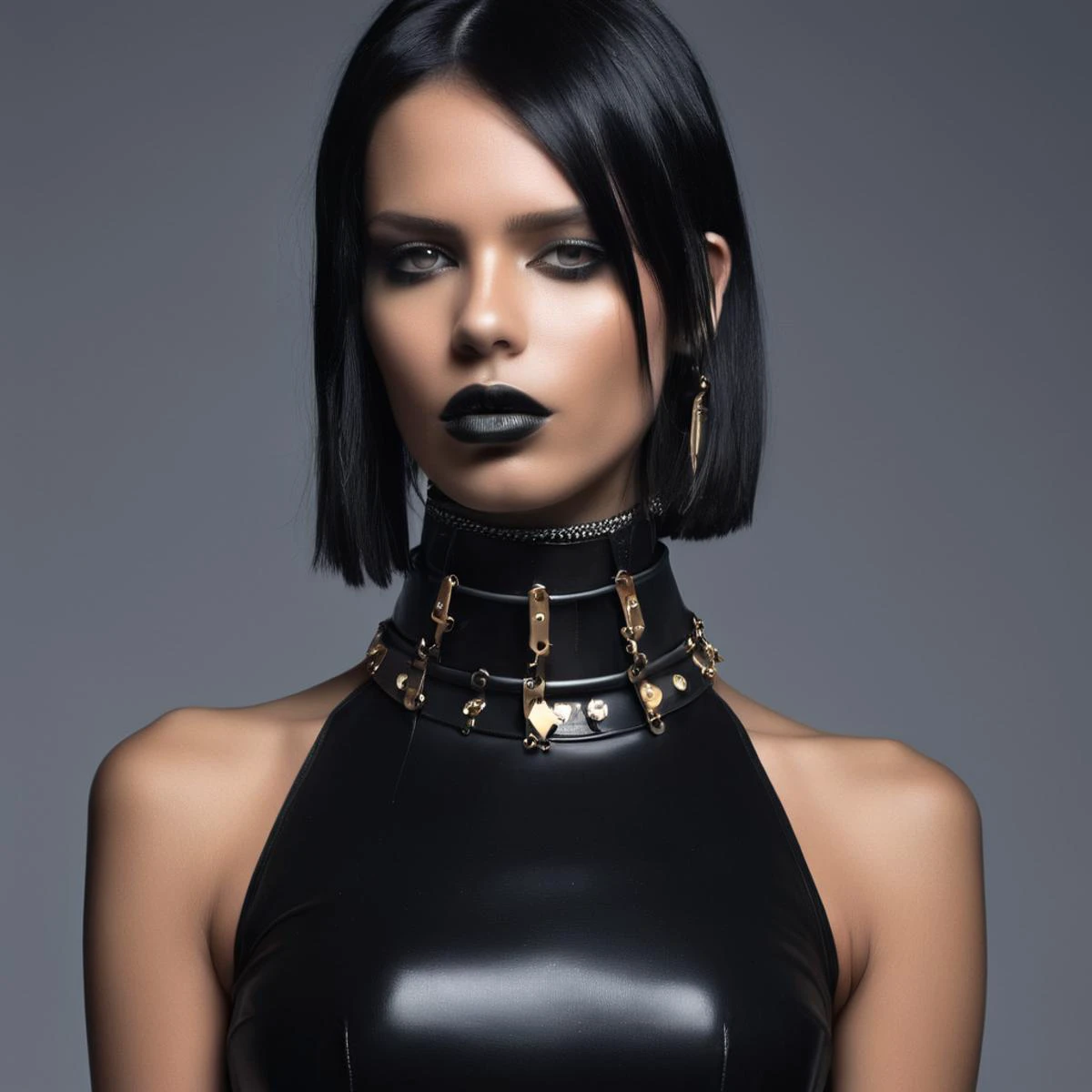 a woman in a black leather dress with a choker, wearing steel collar, slave collar, choker, wearing detailed leather collar, black leather choker, choker on neck, wearing choker, choker around neck, wearing black choker, wearing collar, wearing gold detailed choker, wearing collar on neck, collar on neck, piercings collar, steel choker