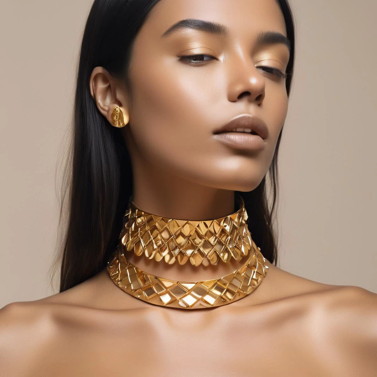 a woman wearing a gold choker, gold collar, wearing gold detailed choker, gold choker, gold detailed collar, golden collar, choker on neck, gold glow, wearing steel collar, wearing choker, wearing collar on neck, collar on neck, attractive neck, choker, smooth gold skin, draped in shiny golden oil, choker around neck, smooth golden skin
