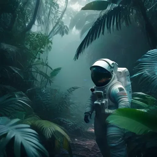 Astronaut in a jungle, cold color palette, muted colors, detailed, 8k