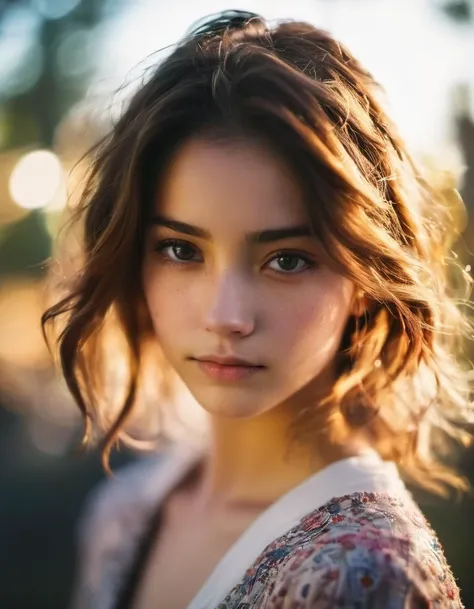 (realistic),centered, anime, portrait photo of 1girl, 20 y.o, cute face, hard shadows,(film grain, blurry background, blurry foreground, bokeh, depth of field, sunset, motion blur:1.3), (masterpiece), (extremely intricate:1.3),