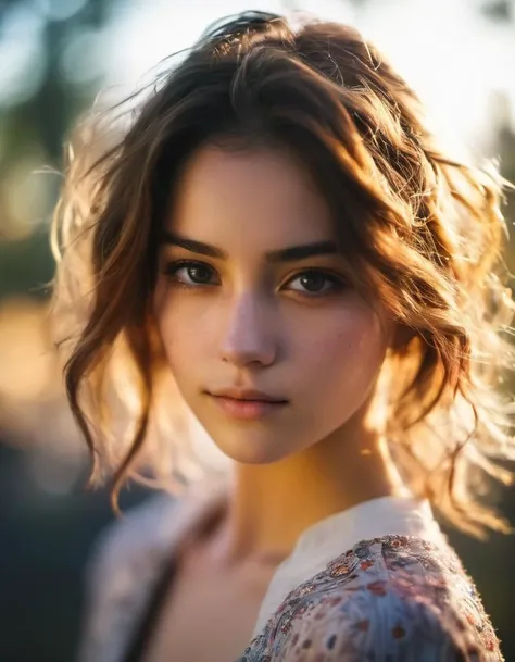 (realistic),centered, anime, portrait photo of 1girl, 20 y.o, cute face, hard shadows,(film grain, blurry background, blurry foreground, bokeh, depth of field, sunset, motion blur:1.3), (masterpiece), (extremely intricate:1.3),