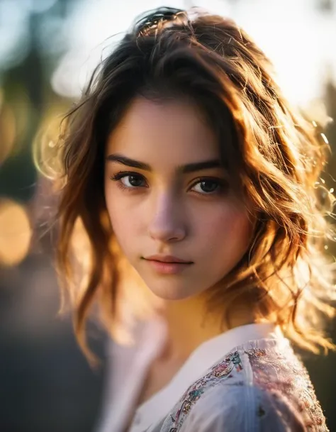 (realistic),centered, anime, portrait photo of 1girl, 20 y.o, cute face, hard shadows,(film grain, blurry background, blurry foreground, bokeh, depth of field, sunset, motion blur:1.3), (masterpiece), (extremely intricate:1.3),