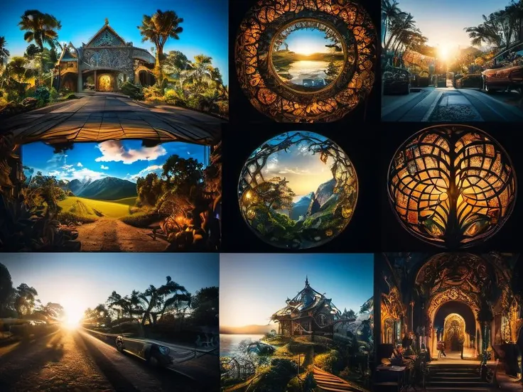 Multiple angle and multiple shots of different variety of things, intricate artwork, impressive, stunning, beautiful, whimsical, intense backlight