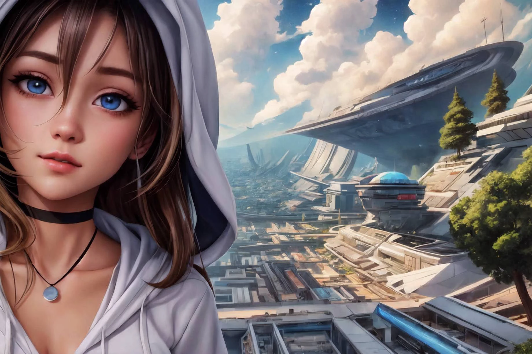 (detailed eyes:1.3), Beautiful Lighting, (1girl:blue eyes, blonde hair, absurdly long hair, (hair between eyes:1.1)), (real skin), <lora:Tool - Detail up:0.5>, <lora:y:1>,
(outdoors:1.3), hoodie, short sleeves, black choker, neck gem, bottomless, sneakers, hoodie dress, medium breasts,
<lora:space-clony:1>, space-clony,incoming kiss, 1girl, scenery, outdoors, tree, building, sky, city, cloud, science fiction,