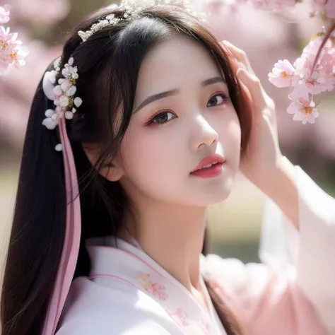 best quality, ultra high res, (photorealistic:1.8), 1girl, blue_sky, blurry, blurry_background, blurry_foreground, branch, bridal_veil, bride, cherry_blossoms, chinese_clothes, curtain_grab, curtains, day, depth_of_field, flower, hanami, hanfu, lips, long_hair, outdoors, parted_lips, petals, pink_flower, pink_theme, plum_blossoms, shawl, solo, solo_focus, spring_\(season\), tree, upper_body, veil, wedding, wedding_dress, wisteria,side face,chin down <lora:chineseGirlsInWeddingDress_v01:0.8>
