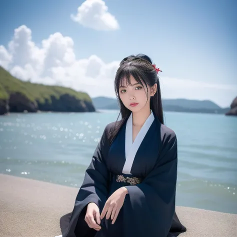 best quality, ultra high res, (photorealistic:1.4), <lora:chineseGirlsInWeddingDress_v01:0.7>, 1girl, beach, black_hair, blue_sky, blunt_bangs, blurry, bug, butterfly, chinese_clothes, cloud, cloudy_sky, day, hair_ornament, horizon, (blue japanese_clothes), (blue kimono), long_sleeves, mountain, ocean, outdoors, red_lips, river, shore, sitting, sky, solo, water,
high quality, amazing,beauty,smile, Looking at Viewer,
<lora:virtualgirlRin_v30:0.3>, Rin,