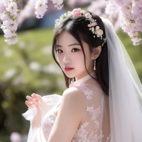 best quality, ultra high res, (photorealistic:1.8), 1girl, blue_sky, blurry, blurry_background, blurry_foreground, branch, bridal_veil, bride, cherry_blossoms, chinese_clothes, curtain_grab, curtains, day, depth_of_field, flower, hanami, hanfu, lips, long_hair, outdoors, parted_lips, petals, pink_flower, pink_theme, plum_blossoms, shawl, solo, solo_focus, spring_\(season\), tree, upper_body, veil, wedding, wedding_dress, wisteria,side face,chin down <lora:chineseGirlsInWeddingDress_v01:0.8>