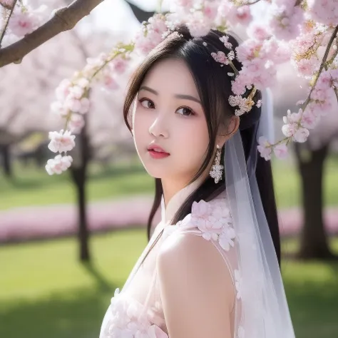 best quality, ultra high res, (photorealistic:1.8), 1girl, blue_sky, blurry, blurry_background, blurry_foreground, branch, bridal_veil, bride, cherry_blossoms, chinese_clothes, curtain_grab, curtains, day, depth_of_field, flower, hanami, hanfu, lips, long_hair, outdoors, parted_lips, petals, pink_flower, pink_theme, plum_blossoms, shawl, solo, solo_focus, spring_\(season\), tree, upper_body, veil, wedding, wedding_dress, wisteria,side face,chin down <lora:chineseGirlsInWeddingDress_v01:0.8>