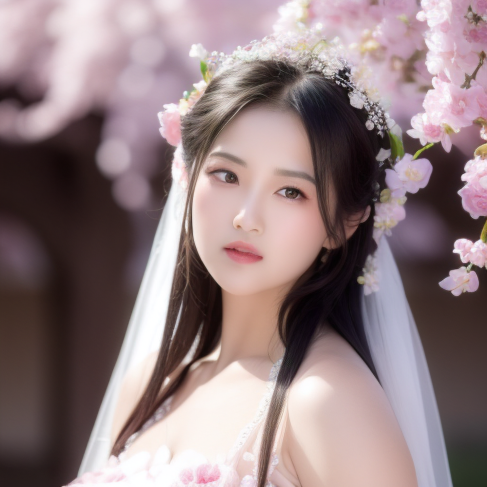 A woman in a wedding dress standing under a tree with flowers - SeaArt AI